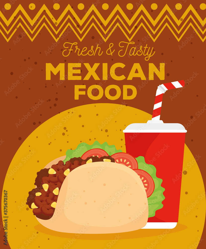 Canvas Prints mexican food poster with taco and drink in disposable vector illustration design