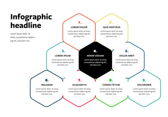 9  infographic hexagon elements, clean and modern template for statistic data