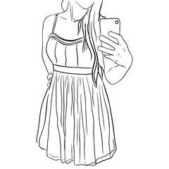 Outline sketch of girl in dress do selfie. Vector illustration