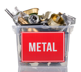 Recycling concept. Metal beverage cans and cans in a container with the inscription metal isolated