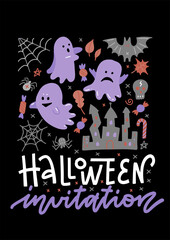 Halloween Concept invitation Banner with Ghosts and bats Icons Stickers on Backdrop. Vector Flat Illustration. Template for your design. Poster. Invitation to a party. Place for your text.