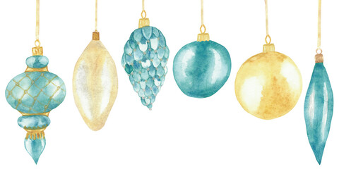 Watercolor hand painted winter holiday celebration things set composition with yellow, light blue and golden six christmas tree ball toys collection isolated on the white background