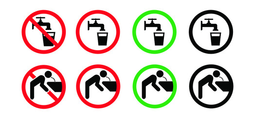 Stop, do not drink this water, faucet symbol. Not drinking bacteria water icons. Contaminated water. Flat vector legionella signs. Legionellosis. Don`t drink water tap sign Suitable drinkable water.