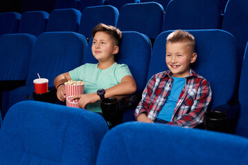 Two laughing boys in cinema.