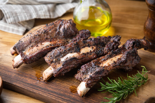 grilled beef back rib on wooden board