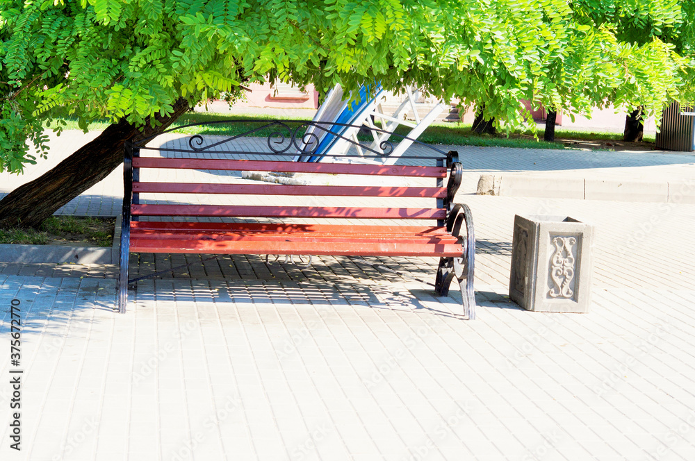 Wall mural empty wooden bench in the shade of a tree in the park on a hot summer day