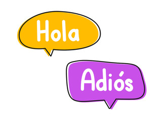 Hola adios. Handwritten lettering illustration. Black vector text in pink and yellow neon speech bubbles. 