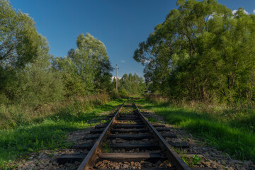 Fototapeta premium Narrow gauge railway near Przyslup station in Poland mountains in summer evening