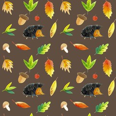 Seamless pattern with hedgehog, mushrooms, tree branches and berries. Cute cartoon characters. Hand drawn illustration in watercolor style