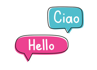Ciao hello. Handwritten lettering illustration. Black vector text in blue and yellow neon speech bubbles. 
