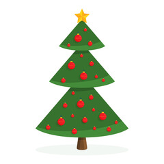 The Christmas green tree with the red balls and one yellow star is isolated on the white background.