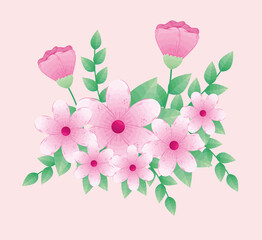 cute flowers pink color with branches and leaves vector illustration design