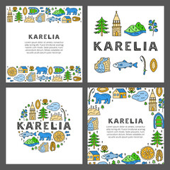 Set of cards with lettering and doodle colored Karelia icons including lake, waterfall, rocks, bell tower of Kizhi, pie, boat, cranberry, cloudberry, trout fish, bear isolated on grey background.