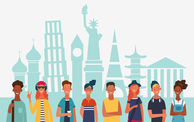 Group of young people in front of famous landmarks. Communication, teamwork and connection vector concept