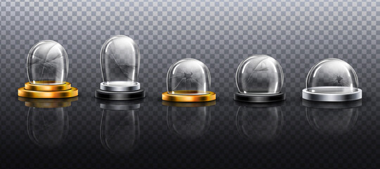 Broken glass domes on metal, gold and silver podium. Vector realistic mockup of empty clear acrylic bell jar with cracks and fracture. Damaged snow balls isolated on transparent background