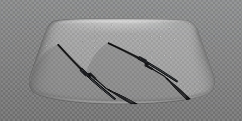 Car wiper clean windscreen, glass windshield with rain drops, automobile front window automatic cleaner, vehicle washing isolated on transparent background, Realistic 3d vector illustration, clip art - obrazy, fototapety, plakaty