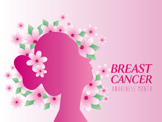 banner of world breast cancer awareness month with profile woman and flowers vector illustration design