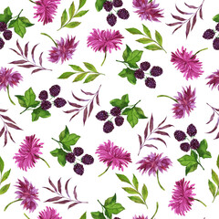 Seamless pattern with purple dahlia or chrysanthemum flowers, violet berries and leaves on white background. Hand drawn watercolor illustration.