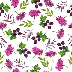 Poster Seamless pattern with purple dahlia or chrysanthemum flowers, violet berries and leaves on white background. Hand drawn watercolor illustration. © angry_red_cat