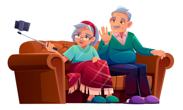 Old man and woman take selfie on smartphone with monopod. Vector cartoon illustration of elderly couple seat on sofa and making photo together on mobile phone with selfie stick