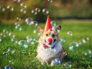 festive portrait of a Corgi puppy in a red cap and a funny clown nose in soapy shiny bubbles sitting on the green grass