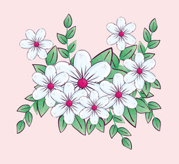 cute flowers with branches and leaves vector illustration design