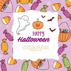 happy halloween banner with cute icons vector illustration design