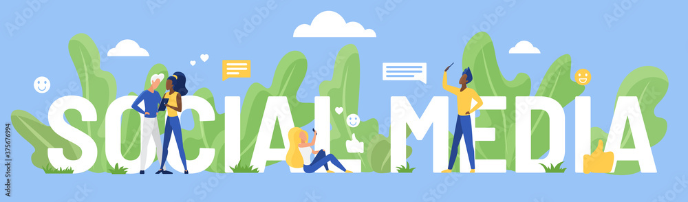 Poster Social media word vector illustration. Cartoon flat user people using smartphone for networking and communicating, standing next to big social media lettering, network communication concept background