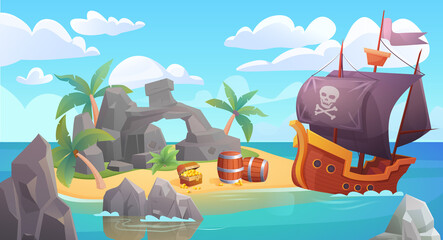 Pirate island landscape vector illustration. Cartoon scenic seascape with piratical ship in ocean or sea waters and treasure old chest full of gold on rocky beach island, adventure scene background © lembergvector