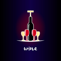 Square template with wine bottles and glasses on dark background. Vector illustration.