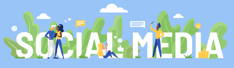 Social media word vector illustration. Cartoon flat user people using smartphone for networking and communicating, standing next to big social media lettering, network communication concept background
