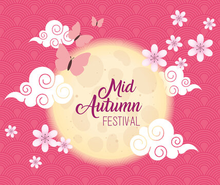 chinese mid autumn festival with butterflies, clouds, moon and flowers vector illustration design