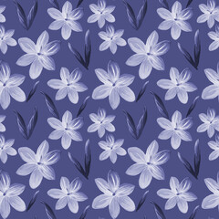 Monochrome blue Floral seamless pattern made of flowers Acrilic painting with pink flower buds . Botanical illustration for fabric and textile, packaging, wallpaper.