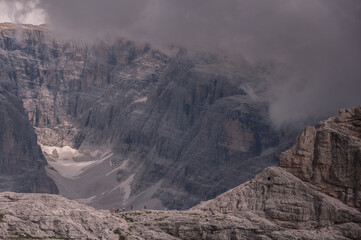 View of the Sesto (Sexten) Dolomites mountains as seen from the trail #101 down to Locatelli refuge from Pian di Cengia refuge, Dolomites,  South, Tirol, Italy.