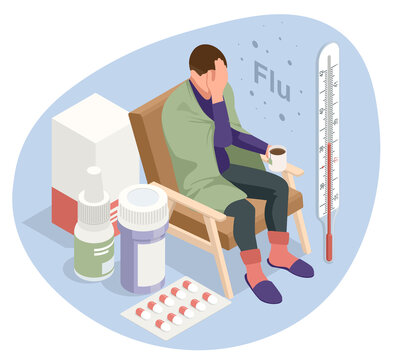A sick upset man with a cup of tea, sitting in a chair covered with a blanket, freezes and has a fever. Sick girl with flu symptoms. Medicine Disease Illness.