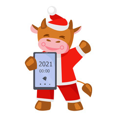 Cute bull dressed as Santa Claus with a smartphone. Vector illustration. 