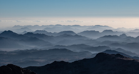 Panoramic view from the summit of Mount Catherine, the highest mountain in Egypt. Chains of...