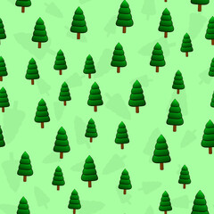 Seamless nature pattern with cute cartoon green pines, doodle vector drawing