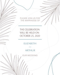 Wedding invitation, reverse side.
Simple abstract objects, pastel colors with thin lines. Fern leaves on a light background. A combination of delicate colors, collected in a modern composition. Vector