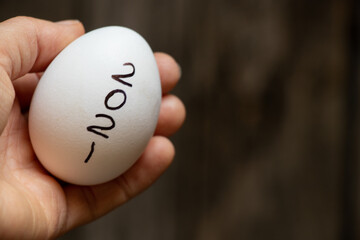 white chicken egg with the written year 2021 in a woman's hand closeup on a blurred background