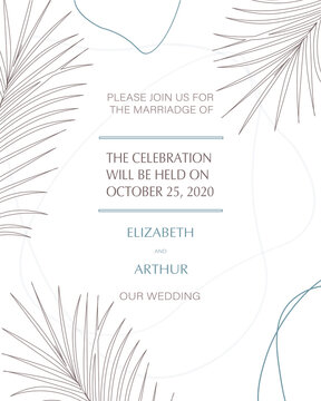 Wedding invitation, reverse side. Simple abstract objects, pastel colors with thin lines. Fern leaves on a light background. A combination of delicate colors, collected in a modern composition. Vector © Evi