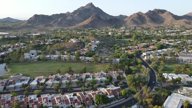 Aerial footage of North Phoenix desert Mountain area, Superstition Mtns.