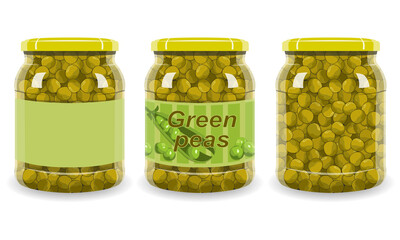 Peas glass jar isolated on white background, with and without label. Vector preserved green peas for food, cooking, kitchen illustration, advertising mockup. Realistic style, 3D effect.
