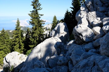 The beautiful Premuziceva Staza mountain, Velebit National Park, Dinaric Mountains, Croatia. Interesting rocks on trail.