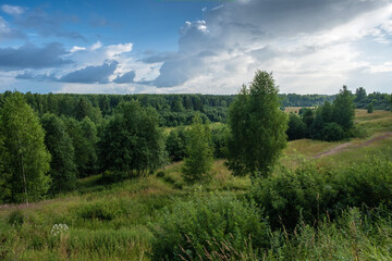 Fototapeta na wymiar Landscape with forests and small meadows and a beautiful cloudy sky.