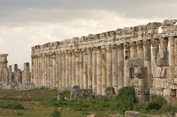 Fototapeta na wymiar Apamea Syria, ancient ruins with famous colonnade before damage in the war