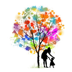 Fototapeta na wymiar Mother with her daughter in her arms. Mother's Day. Mom teaches the child to walk. Outdoors. Multicolored tree. Vector illustration