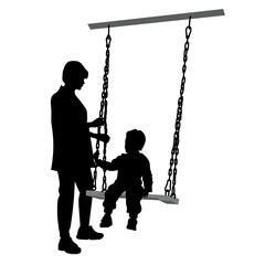 Vector silhouettes of a young woman and a child, a little boy. The girl shakes the baby on a swing.