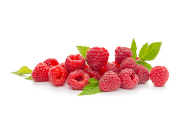  raspberries with leaf isolated on a white background