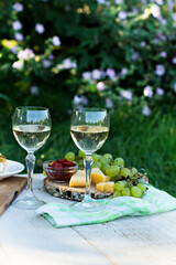 White wine and light snacks, Grapes, wine, cheese, pie. Summer romantic dinner in nature.